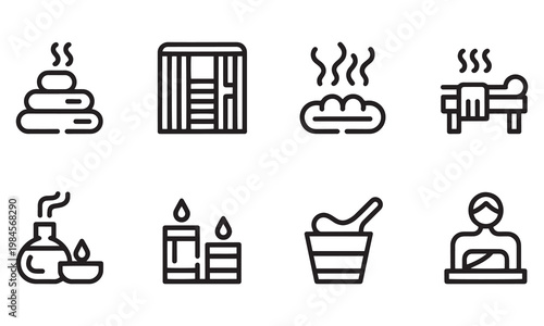 Spa icons set hot stones massage bed steam room aroma therapy candles oil diffuser bath bucket herbal bath relaxation wellness treatment serenity balance zen calm.
