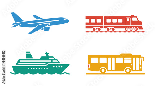 Airplane train bus and cruise ship.