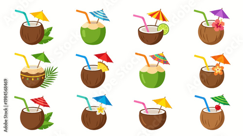 Coconuts with colorful straws and umbrellas.