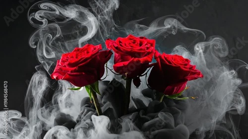 Three vibrant red roses with green stems emerging from dark shadows and swirling gray smoke