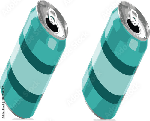 Aluminum soda can vector illustration, realistic energy drink beverage mockup, teal blue metal container set