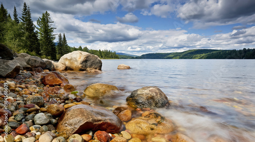 Tranquil Lakeside Scenery with Colorful Rocks and Pine Trees