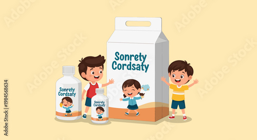 Cartoon children happily posing with Sonrety Cordsafy product packaging, including a large carton and two smaller bottles, on a light background.
