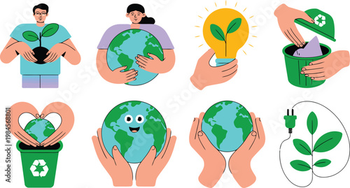 Colorful flat illustrations showcasing people and hands involved in caring for the Earth and promoting ecological sustainability