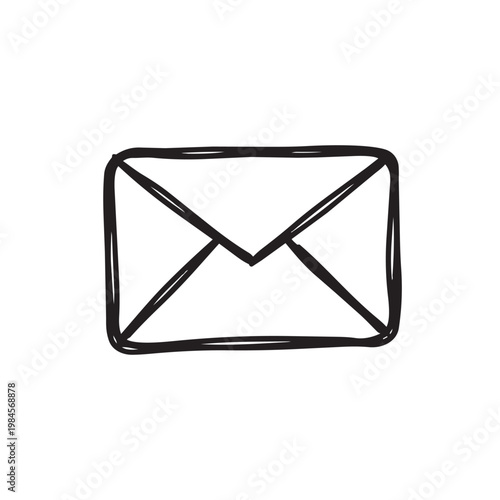 Hand drawn sketch of a closed envelope icon in black and white. Perfect for email, message, mail, and communication concepts. Simple doodle line art illustration.