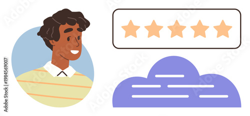 Customer service, positive reviews, user satisfaction, feedback systems, technology, digital communication. Smiling person, five-star rating cloud graphic. Customer service and positive reviews