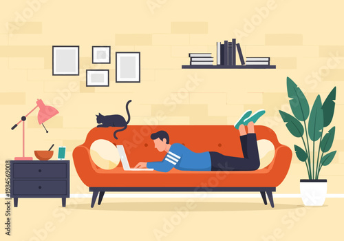 Man lying on orange sofa working on laptop with black cat. Vector illustration of home office, remote work, and cozy living room interior.