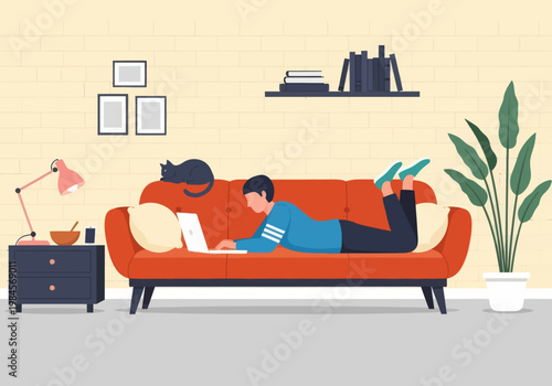 Man lying on orange sofa working on laptop with black cat. Vector illustration of home office, remote work, and cozy living room interior.