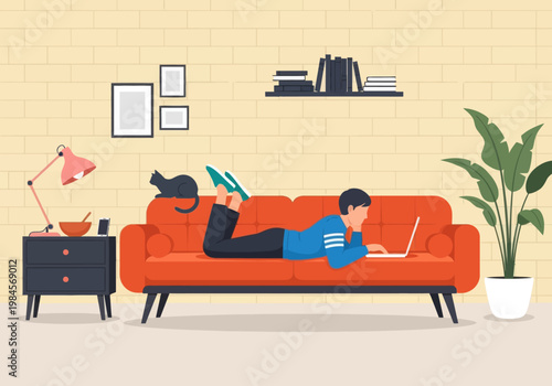 Man lying on orange sofa working on laptop with black cat. Vector illustration of home office, remote work, and cozy living room interior.