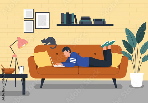 Man lying on orange sofa working on laptop with black cat. Vector illustration of home office, remote work, and cozy living room interior.