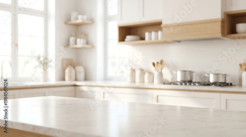 Modern white marble kitchen countertop with blurry minimalist interior background for product mockup presentation