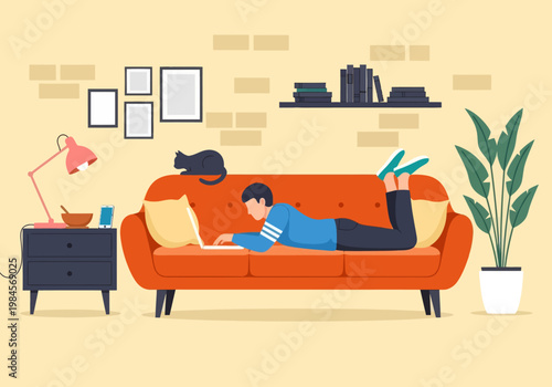 Man lying on orange sofa working on laptop with black cat. Vector illustration of home office, remote work, and cozy living room interior.