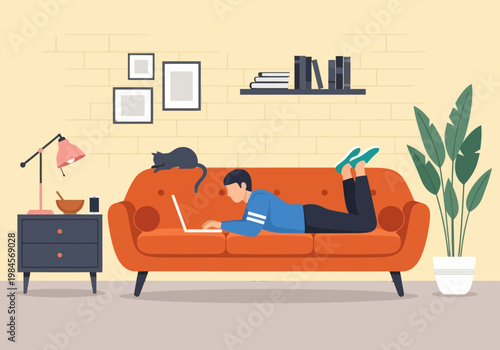 Man lying on orange sofa working on laptop with black cat. Vector illustration of home office, remote work, and cozy living room interior.