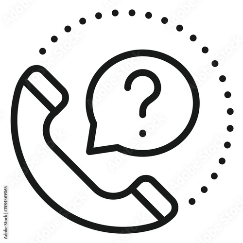 Minimalist black line vector icon of a telephone handset with a question mark in a speech bubble, representing customer support, help desk, inquiry, or call center services.