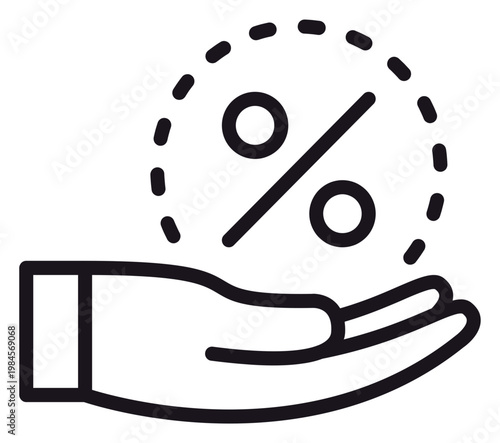 Black line art vector icon of a hand holding a percentage symbol inside a dashed circle, representing concepts like discount, special offer, commission, interest rate, or financial savings.