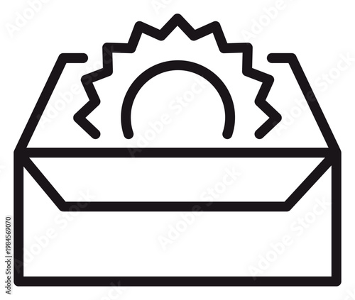Black vector icon of an open envelope with a rising sun symbol inside, representing good news, positive messages, morning notifications, or a new beginning, minimalist line art illustration.