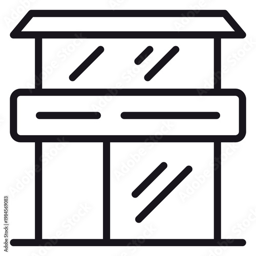 Foto Modern two-story commercial building vector icon featuring a storefront with a large signage area, glass windows, and a door, minimalist black line art illustration for business and retail