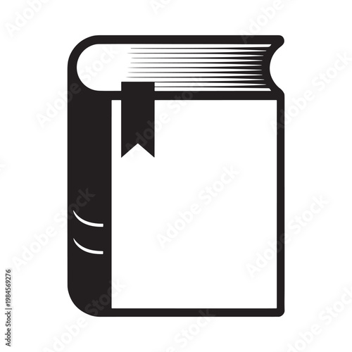 Simple black and white illustration of a closed book with a bookmark