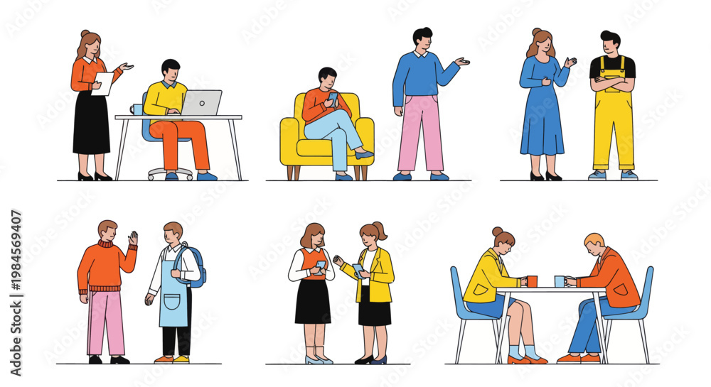 Fototapeta premium Diverse flat vector set of people in social and business interactions. Diverse characters working, talking, using laptops and smartphones, sitting on chairs and armchairs, isolated on a white backgrou