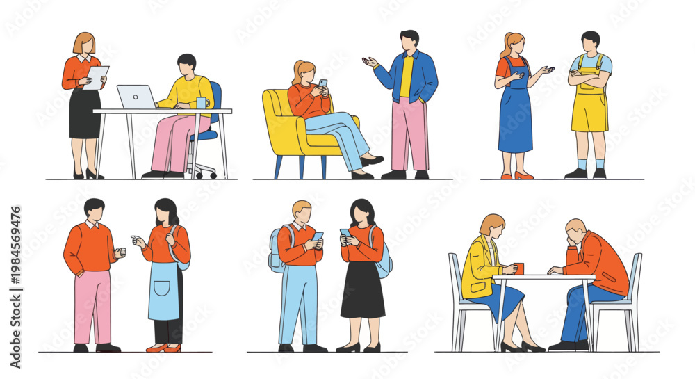 Fototapeta premium Diverse flat vector set of people in social and business interactions. Diverse characters working, talking, using laptops and smartphones, sitting on chairs and armchairs, isolated on a white backgrou