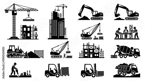 Construction vehicles and equipment icons.