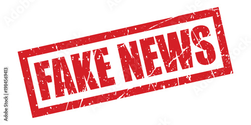 A red grungy stamp with the words 'FAKE NEWS' in bold, distressed texture on a pure white background.