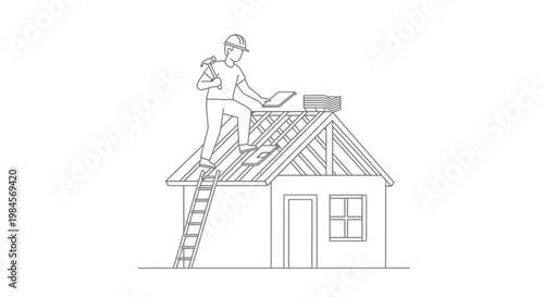 Illustrator's depiction of a construction worker on a ladder assembling a house roof with shingles, symbolizing home improvement and building projects