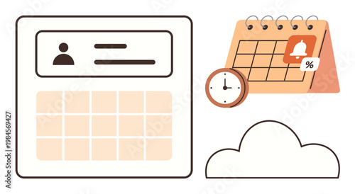 Time management, productivity, task scheduling, organizational tools, work planning, digital applications. Visuals include a calendar, clock cloud and profile icons. Time management