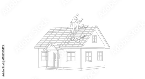 Outline illustration of a skilled worker meticulously repairing a house roof, symbolizing dedication to home maintenance and property improvement