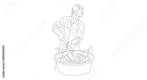 Outline illustration of a construction worker wearing a hard hat, mixing cement in a large tub with a shovel, with water splashing
