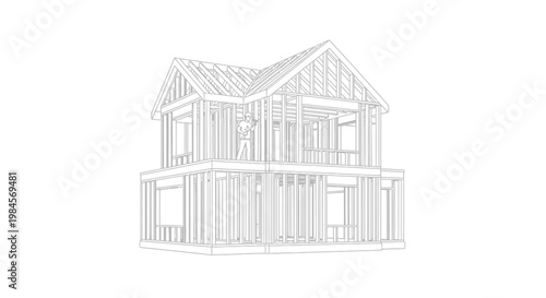 Illustration of a two-story house framing construction in a minimalist line art style