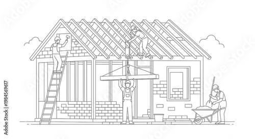 Construction workers building a house, creating a residential structure with bricks and roof framing, highlighting the process of home construction and development