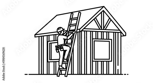 Construction worker climbing a ladder to the roof of a house, illustration of home building and repair services