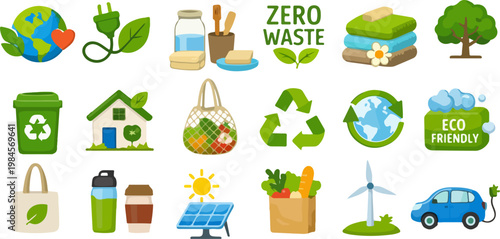 zero waste eco lifestyle icons set sustainable green energy recycling and reusable products