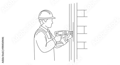 Professional construction worker in safety helmet and work attire meticulously drilling into a structural wall, representing building, repair, and home improvement tasks
