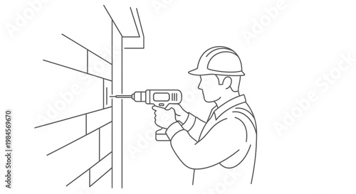 Illustration of a construction worker wearing a hard hat using a power drill to fasten something to a brick wall