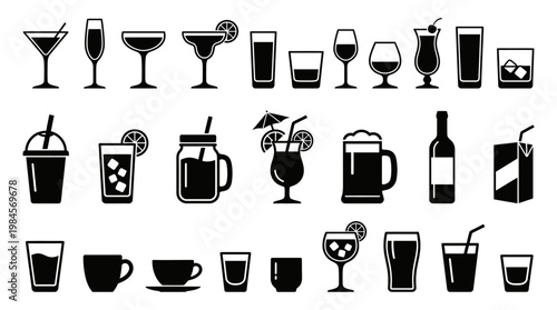 Variety of drinks and glasses icons.