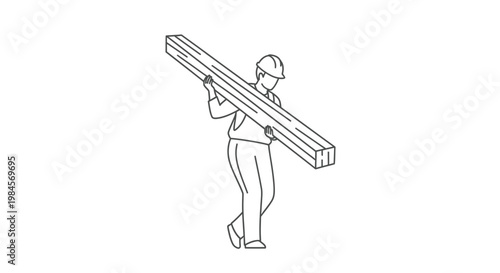 A worker in hard hat carrying a long wooden beam over his shoulder, illustration