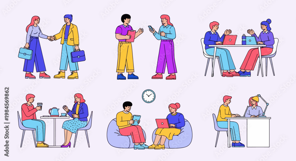 Fototapeta premium Diverse people working, collaborating, and relaxing. Flat vector set with business handshake, laptop tasks, coffee breaks, and health check-up.