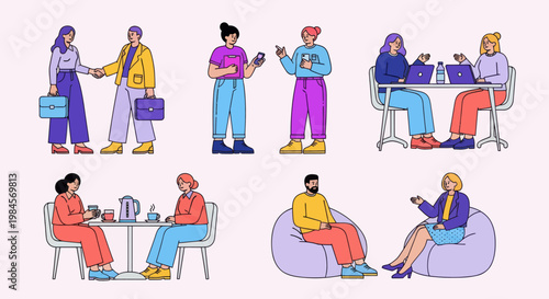 Diverse people working, collaborating, and relaxing. Flat vector set with business handshake, laptop tasks, coffee breaks, and health check-up.