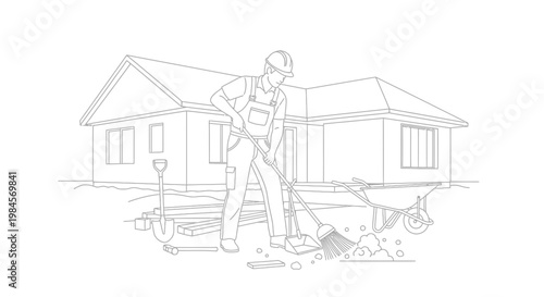 Construction worker cleaning up a site with a broom and wheelbarrow near a house