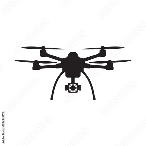 A black silhouette of a modern quadcopter drone with a camera attached