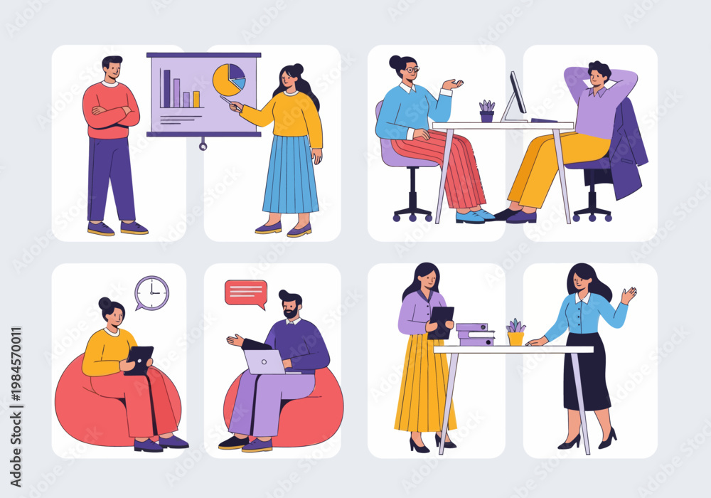 Fototapeta premium Set of four flat vector illustrations featuring diverse business people collaborating, presenting data, working at desks, and on beanbags. Modern office teamwork and productivity concept.