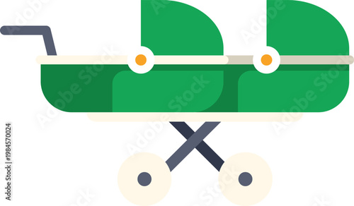 Green tandem double stroller for walking with infants in simple flat style