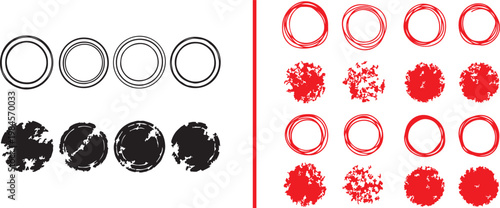 Set of black and red circular grunge stamps and hand drawn scribble circles vector illustration for graphic design elements