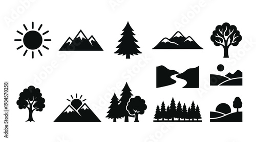 Black icons of trees and mountains.