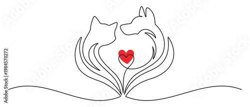 Cat and dog in continuous line art style. Simple pet outline drawing ideal for vet hospital logo, animal clinic icon, or minimalist veterinary care illustration with heart and compassion theme