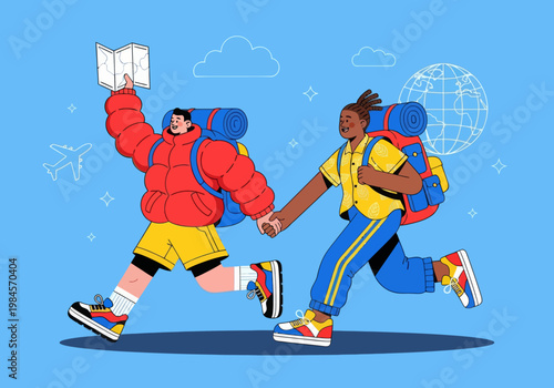 Flat vector microstock illustration of a diverse couple backpacking, running together with backpacks, holding hands and a map. Global travel icons on a blue sky. Adventure exploration.