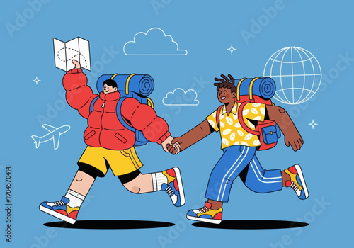 Flat vector microstock illustration of a diverse couple backpacking, running together with backpacks, holding hands and a map. Global travel icons on a blue sky. Adventure exploration.