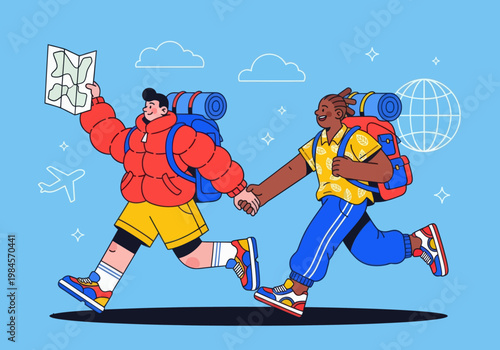 Flat vector microstock illustration of a diverse couple backpacking, running together with backpacks, holding hands and a map. Global travel icons on a blue sky. Adventure exploration.